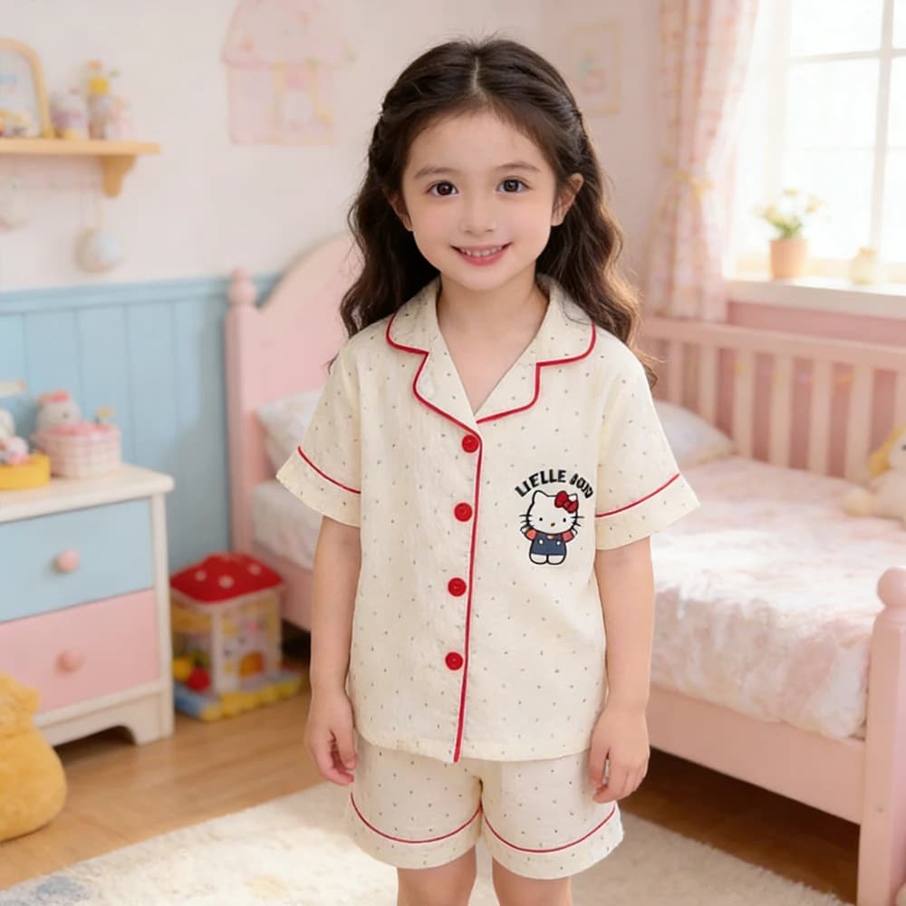 Set pigiama per ragazze Anime Kawaii Hello Kitty, pigiama morbido e traspirante con bottoni, simpatico pigiama estivo in 2 pezzi con cartoni animati