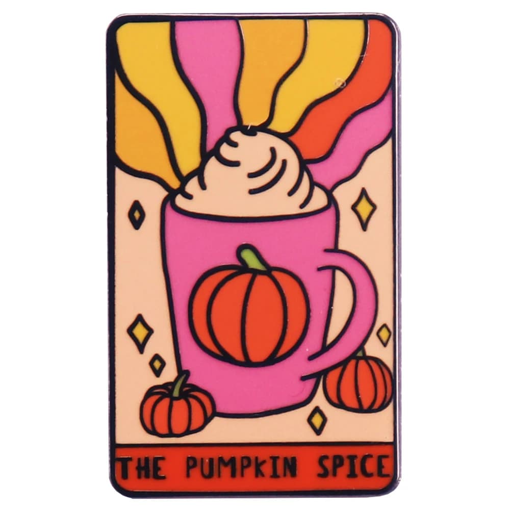 The Pumpkin Spice Tarot Card smalto Pin Latte Coffee Badge spilla autunnale accessori per gioielli di Halloween