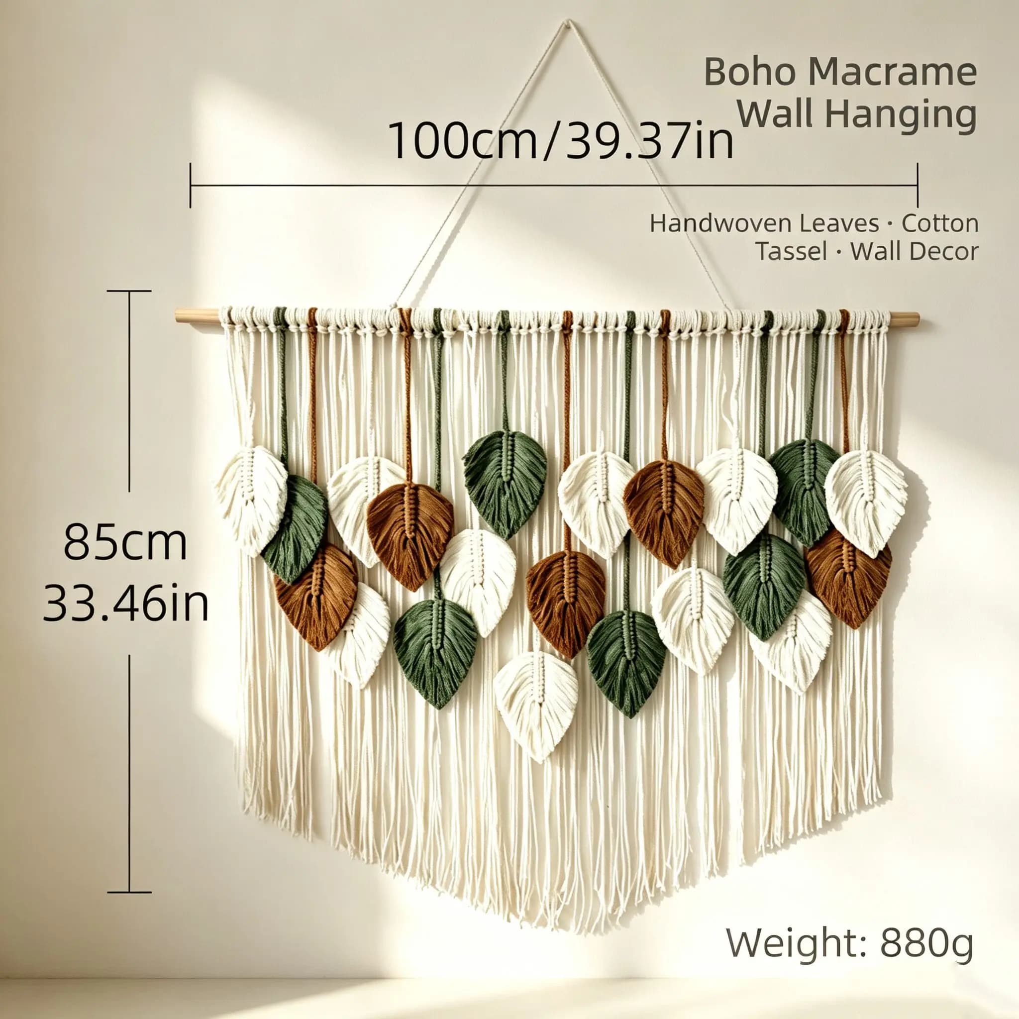 Boho Macrame Wall Hanging Handwoven Leaves Cotton Tassel Wooden Stick Bohemian Wall Art Decor for Bedroom Living Room