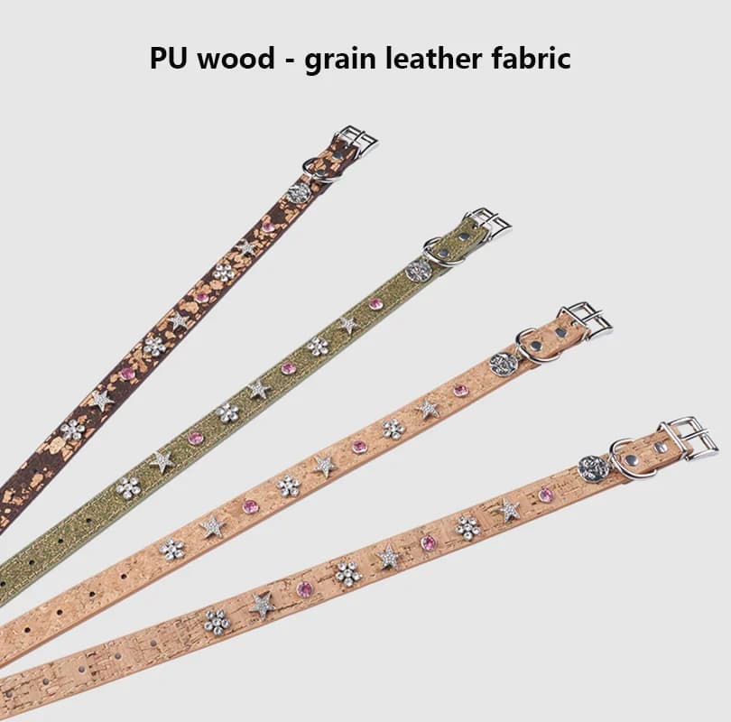 Collare per cani in pelle PU con venature del legno con decorazioni in cristallo – Collare per gatti regolabile e accessori per collane per piccoli animali domestici