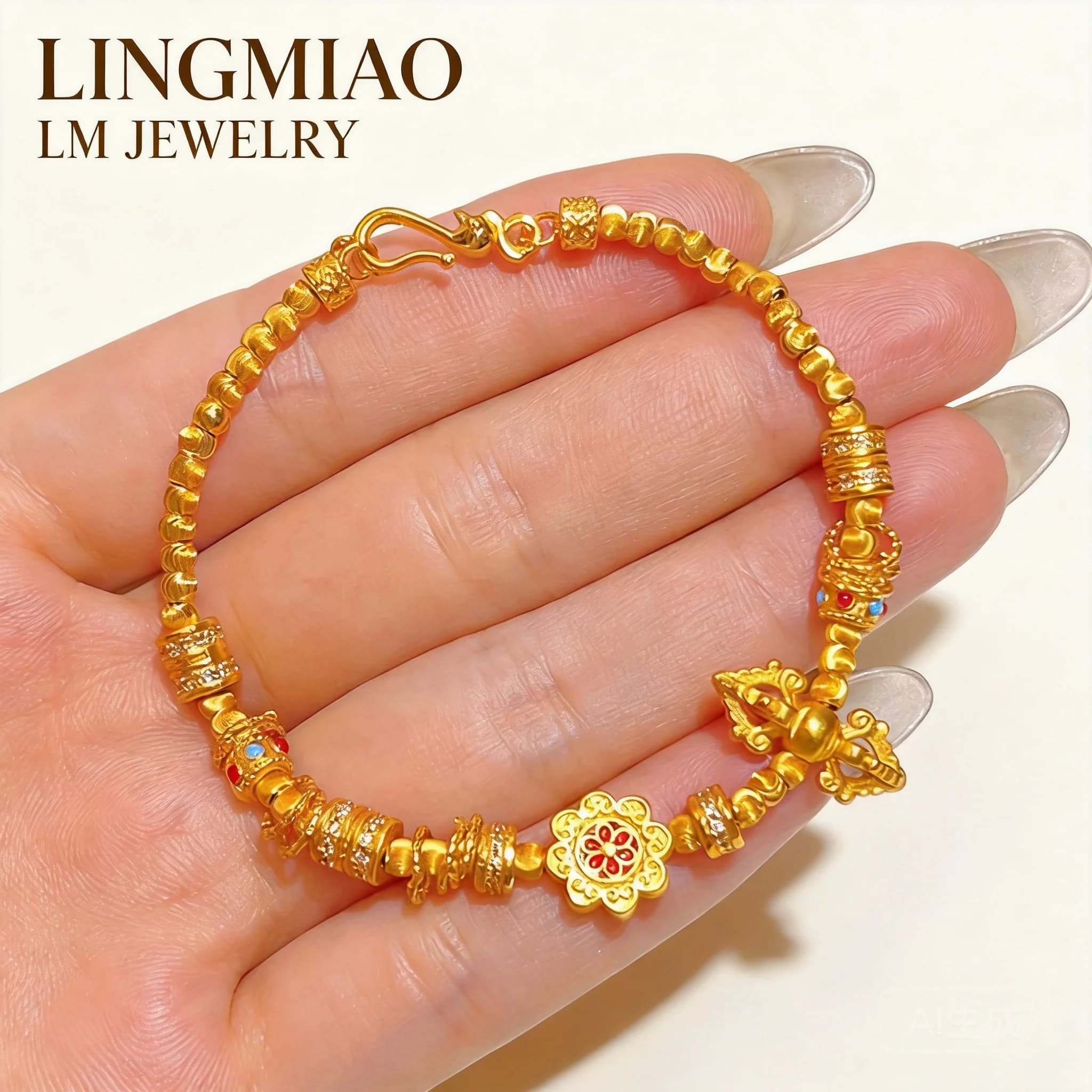 Bracciale Regolabile con Perle Occhio di Gatto e Fiore Vajra Baoxiang Tradizionale Cinese Placcato Oro 24k, Portafortuna e Benedizione