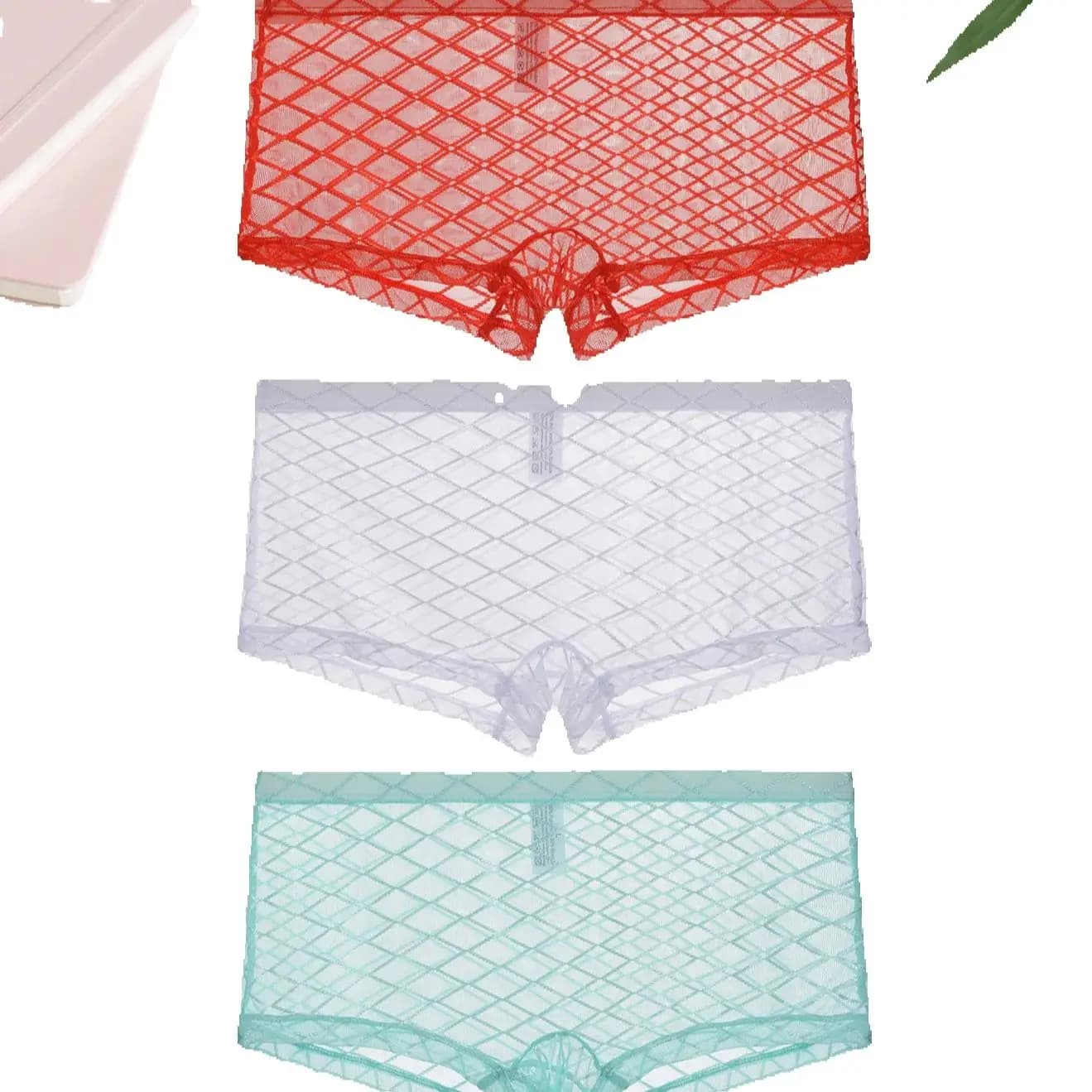 3PCS Sexy mesh plaid semi transparentMen's casual sports low waist underwearBreathable seamless quick drying fashionable panties