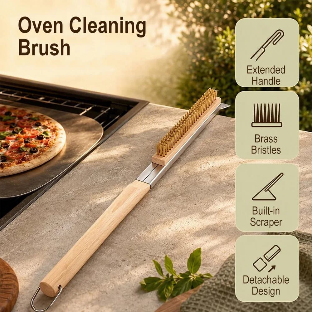 21In Long Handle Pizza Oven Brush Kitchen Grill Brass Cleaning Brush Wooden Handle Tool Cleaning Brush With Scraper Pizza Tools