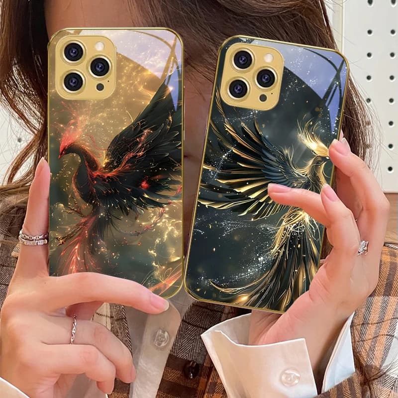 Golden Phoenix Distressibile Per IPhone 16 Pro Max 15 P Ro 14 13 Plus 12 Mini 11Pro Max XS Max XR Custodia per telefono in vetro temperato dorato