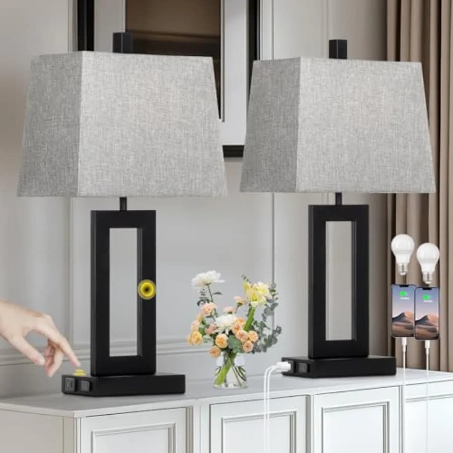 Set di 2 lampade da tavolo con controllo touch, moderne lampade da comodino nere con porte USB C+A e presa CA, lampade da camera dimmerabili a 3 livelli