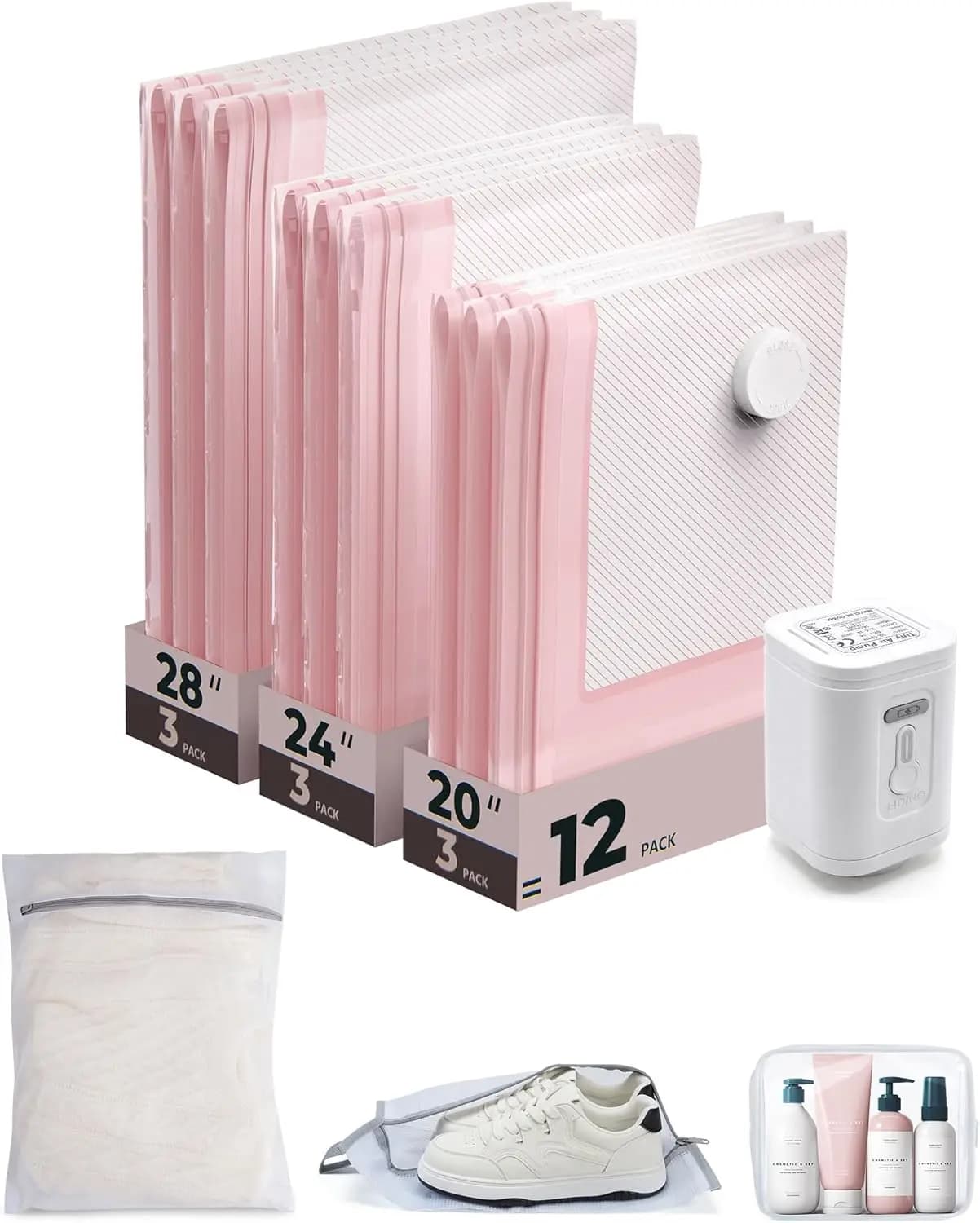 Set di 12 Sacchetti Sottovuoto per Viaggi, con Sacchetto per Bucato, Sacchetto per Scarpe e Sacchetto per Articoli da Toeletta, Pompa Manuale Inclusa
