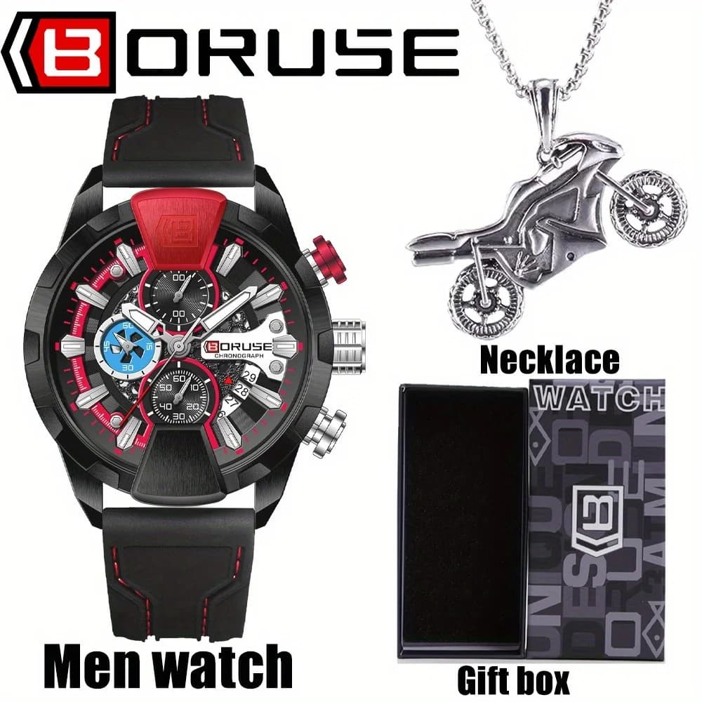 BORUSE Orologio da uomo, orologio casual sportivo in silicone nero di moda di lusso, orologio da uomo con data al quarzo e collana con ciondolo per moto 1 pezzo