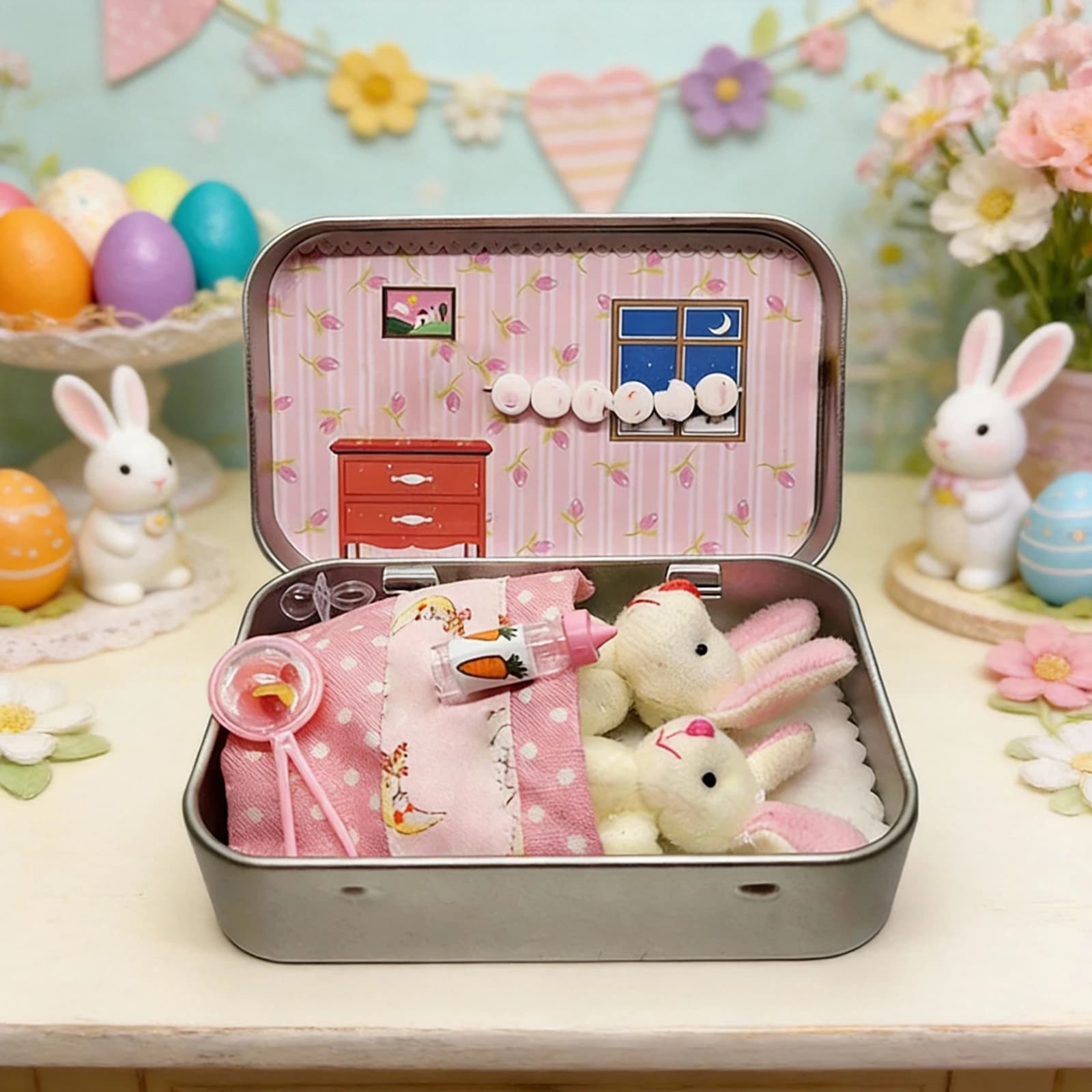 Set di 2/1 Coniglietti Tascabili con Scatola in Latta, Coniglietto in Scatola, Animali di Peluche Pasquali, Decorazioni da Collezione, Articoli per Feste, Regalo per Bambini