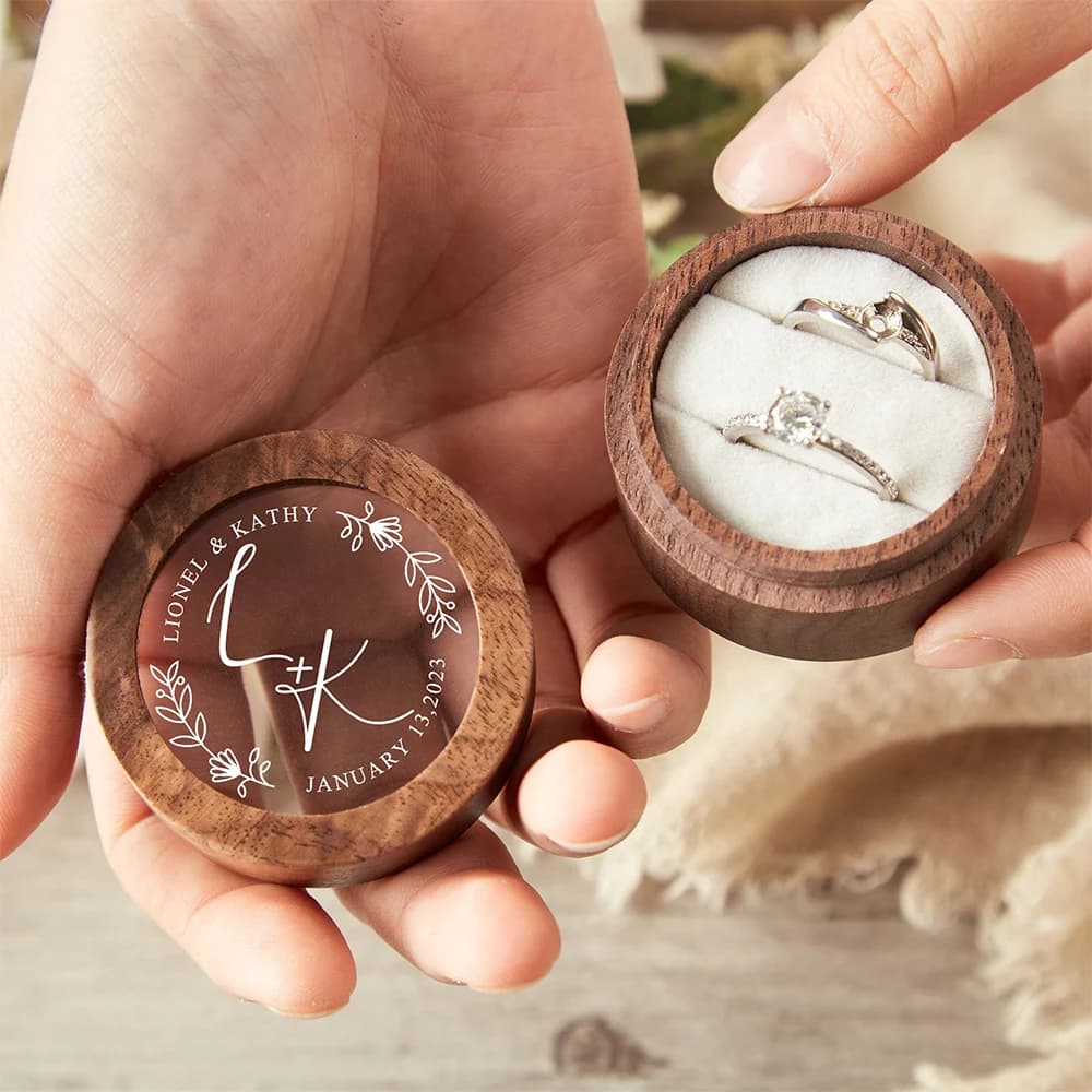Personalized Wooden Wedding Ring Box with Clear Acrylic Cover Custom Engraved Engagement Proposal Holder Bridal Gift For Her
