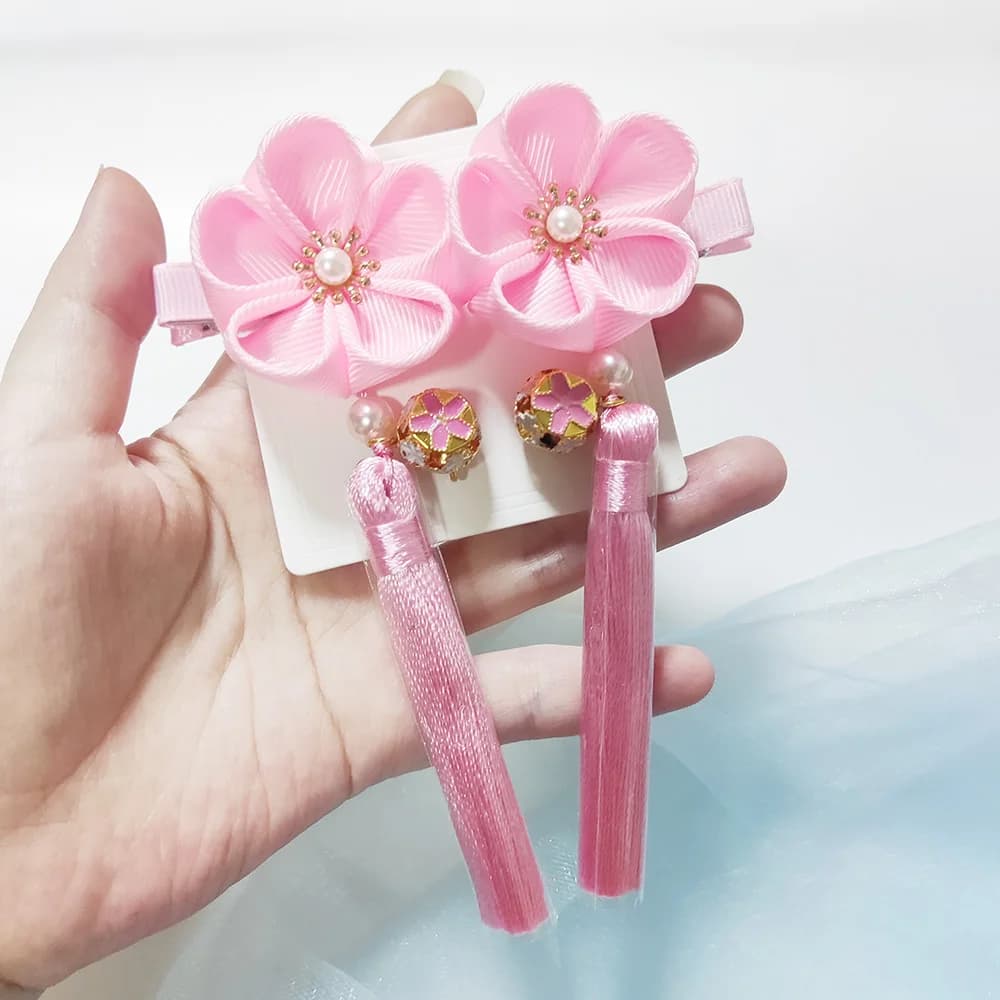 1 pair Flower Bowknot Hanfu Copricapi Women's Hair Accessories Fortress Girl Hairpins China Style Children's Bells Hair Clip