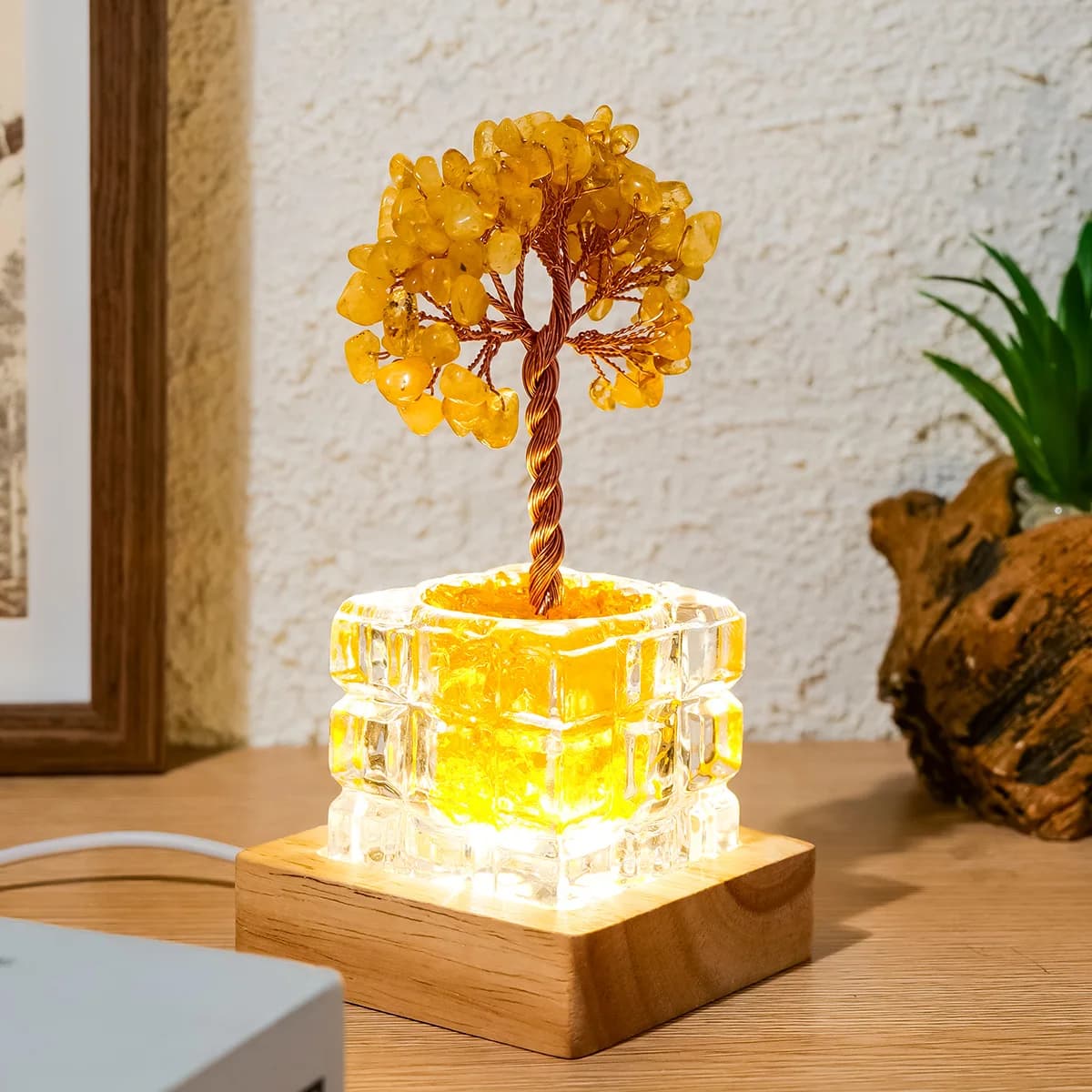 Lampada Albero della Fortuna in Cristallo Naturale, Base Quadrata, Luce Notturna Curativa in Cristallo, Decorazione per la Casa, Regalo