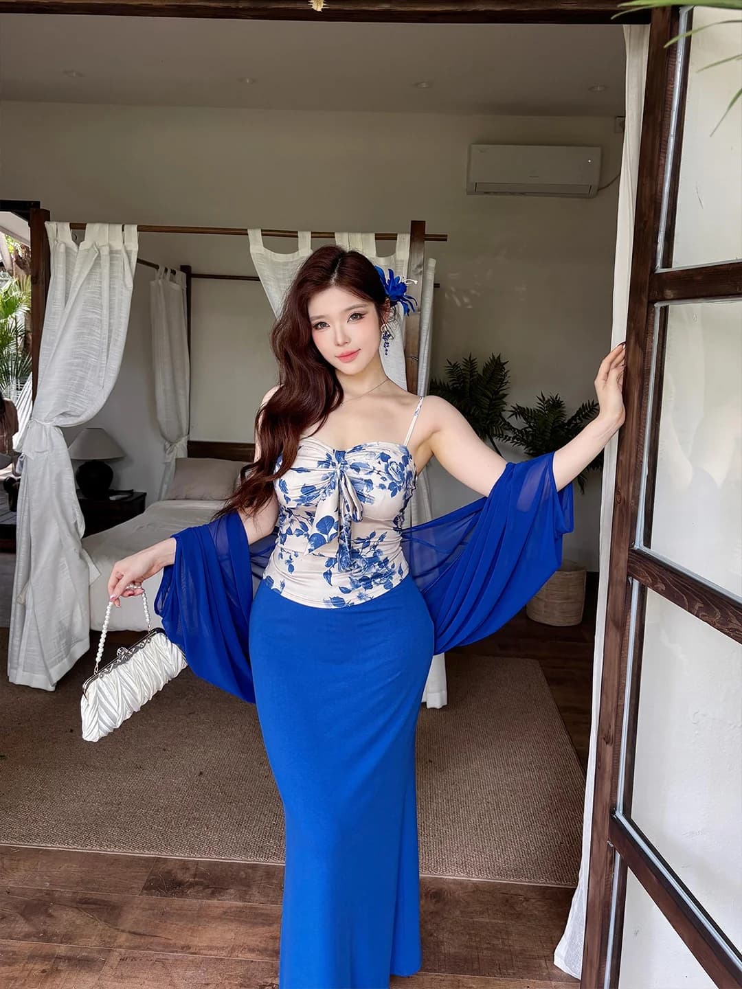 Completo gonna e top bodycon slimming in porcellana blu per donna, taglie forti, bianco, estivo, alla moda, stile dolce, gonna lunga che esalta la figura