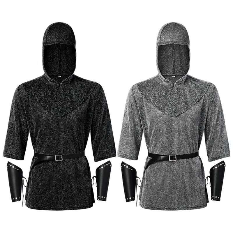 ❤2026❤ Anime Renaissance Faux Chain Mail Armor Tunic Shirt Coif Medieval Knight Cowl Crusader Costume Outfit Bracers Waist Belt❤