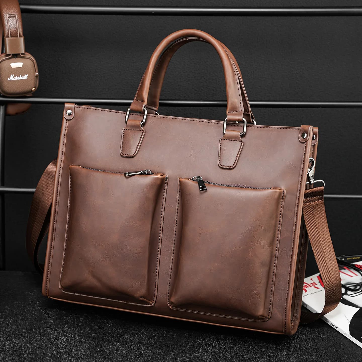 Vintage Crazy Horse Leather Briefcase for Men, Business Laptop Bag 14 15.6 Inch, Waterproof Shoulder Messenger Office Tote