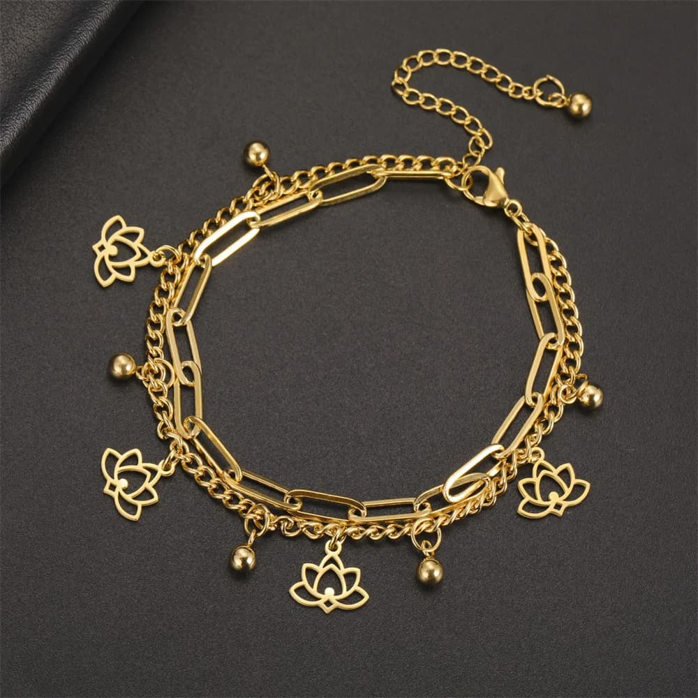 My Shape Braccialetti di fiori di loto per le donne ragazze in acciaio inossidabile 2 strati catene regolabili Buddha Yoga Bangle gioielli Vintage