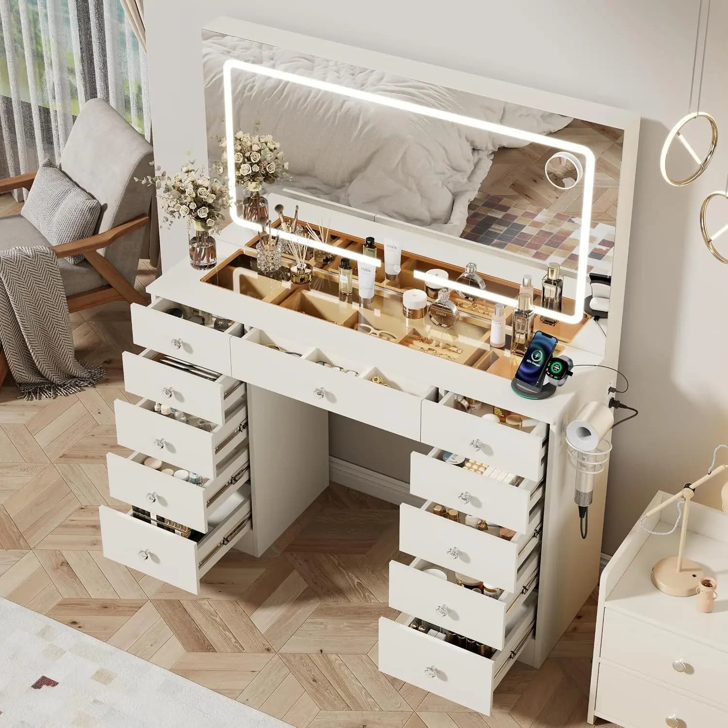 White Makeup Vanity, 11 Drawers Vanity Mirror with Lights, Makeup Vanity Desk with 3 Lighting Modes Adjustable, Custom