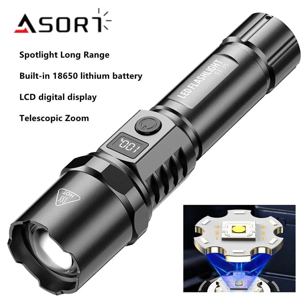 Faretto portatile Torcia LED leggera a lungo raggio da 30 W Tipo C Batteria 18650 incorporata Zoom telescopico Torcia tattica a LED