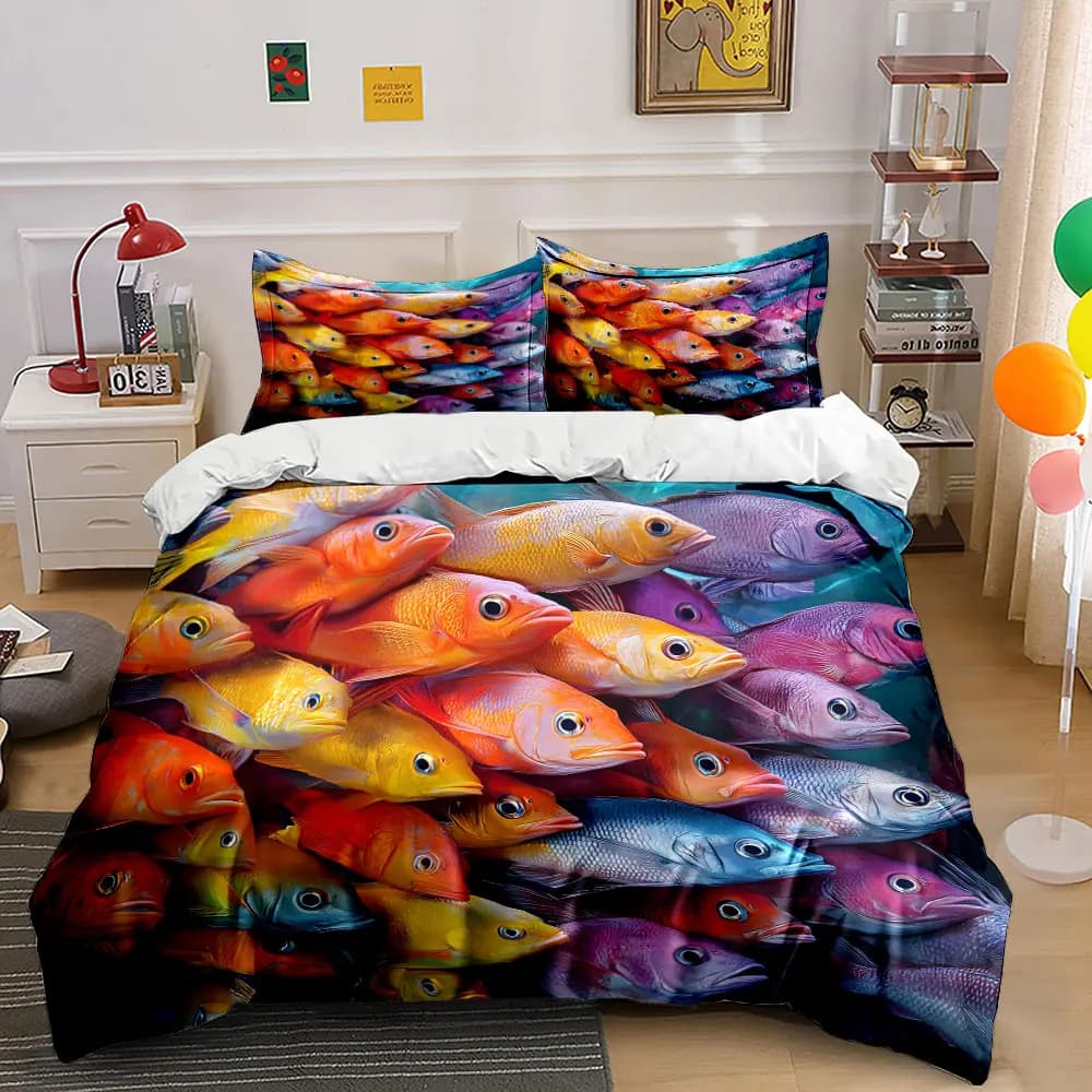 Colorful tropical fish cluster Duvet Cover Set with 3D Printing Design Soft Polyester Bedding Set All-Season Comfort for gifts