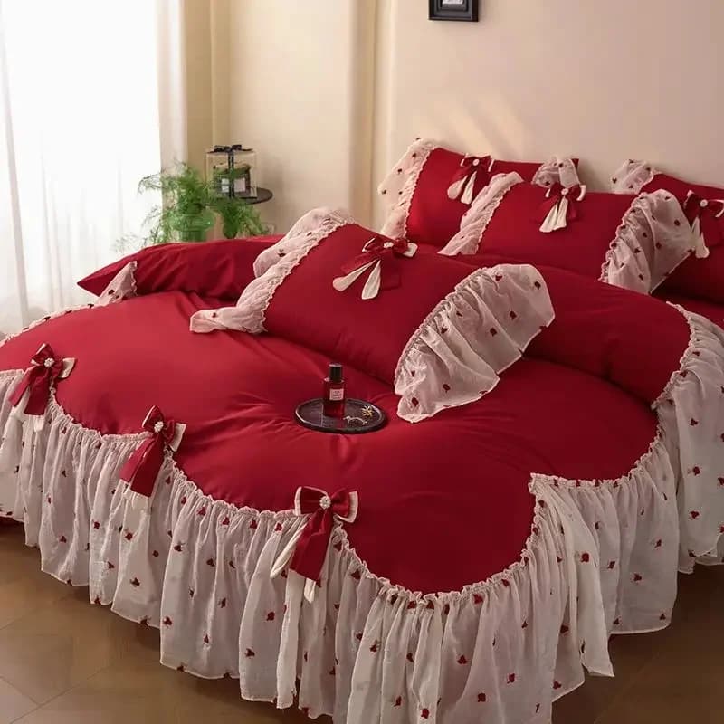 Red Luxury Princess Wedding Style Lace Volant Bow Set Bedlinen Egyptian Cotton Curve Flat Bed/with pillow corners 4 pieces