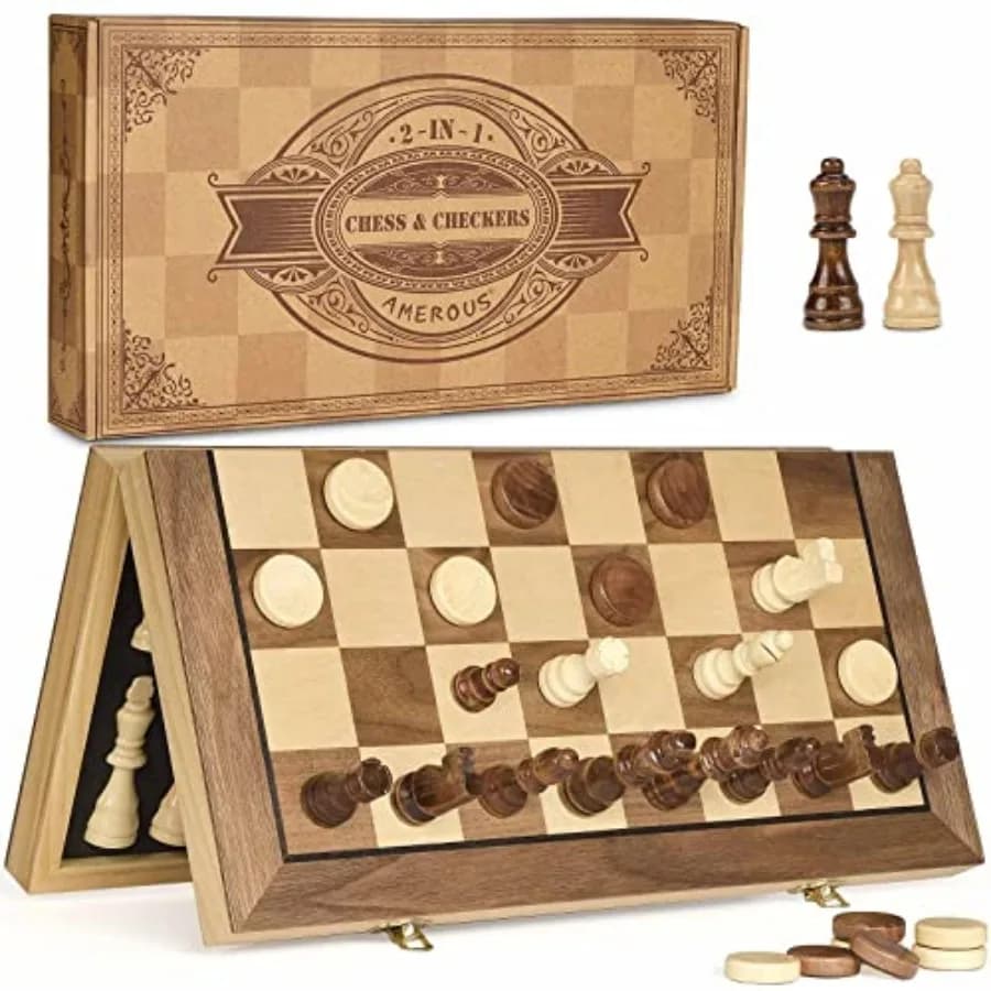 15'' Magnetic Wooden Chess and Checkers Game Set -2 Extra Queens -24 Cherkers Pieces - Chessmen Storage Slots, Beginner Chess S