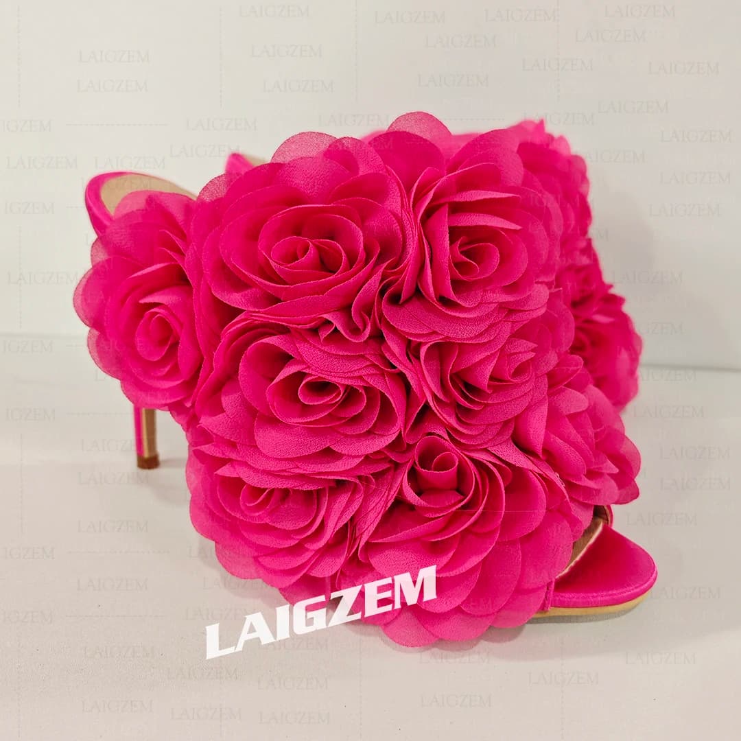 LAIGZEM Women Sandals Floral Slip On Mules Satin Thin Heels Pumps Ladies Prom Party Wedding Shoes Woman Plus Size 41 44 50 52