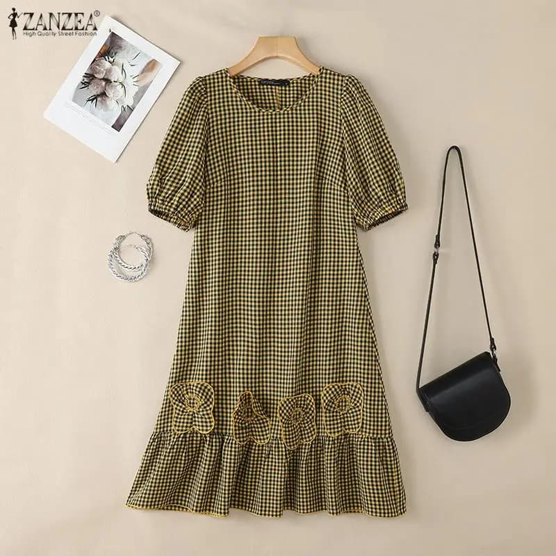 ZANZEA Abito midi da donna vintage in tessuto con fiori e fantasia a quadretti, scollo a O, maniche a sbuffo, orlo arricciato, vestito estivo ampio da donna
