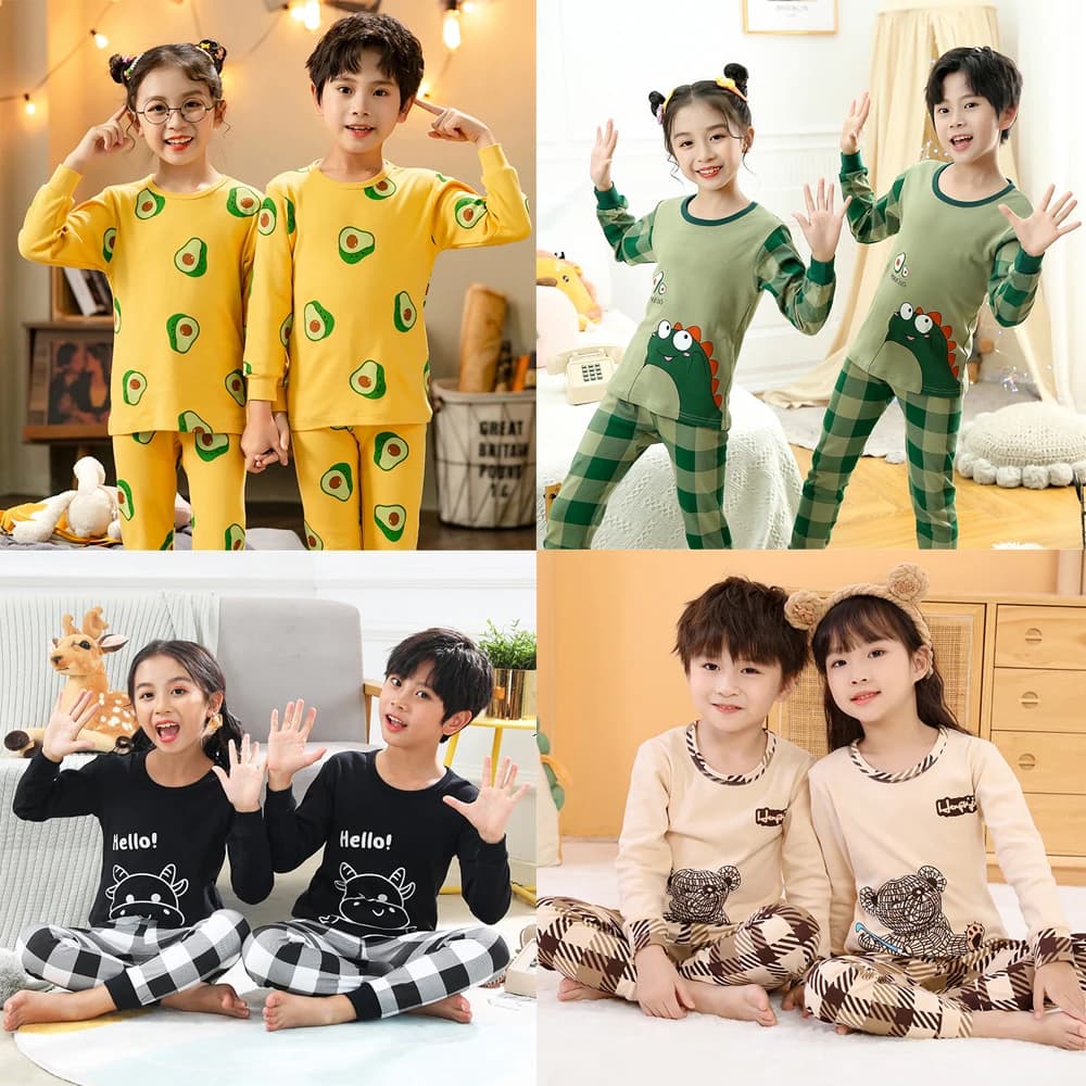 Pigiama per ragazzi in cotone 100 per vestiti per ragazze Abbigliamento da notte Primavera Autunno Inverno Simpatico dinosauro giallo scozzese Abbigliamento per bambini adolescenti