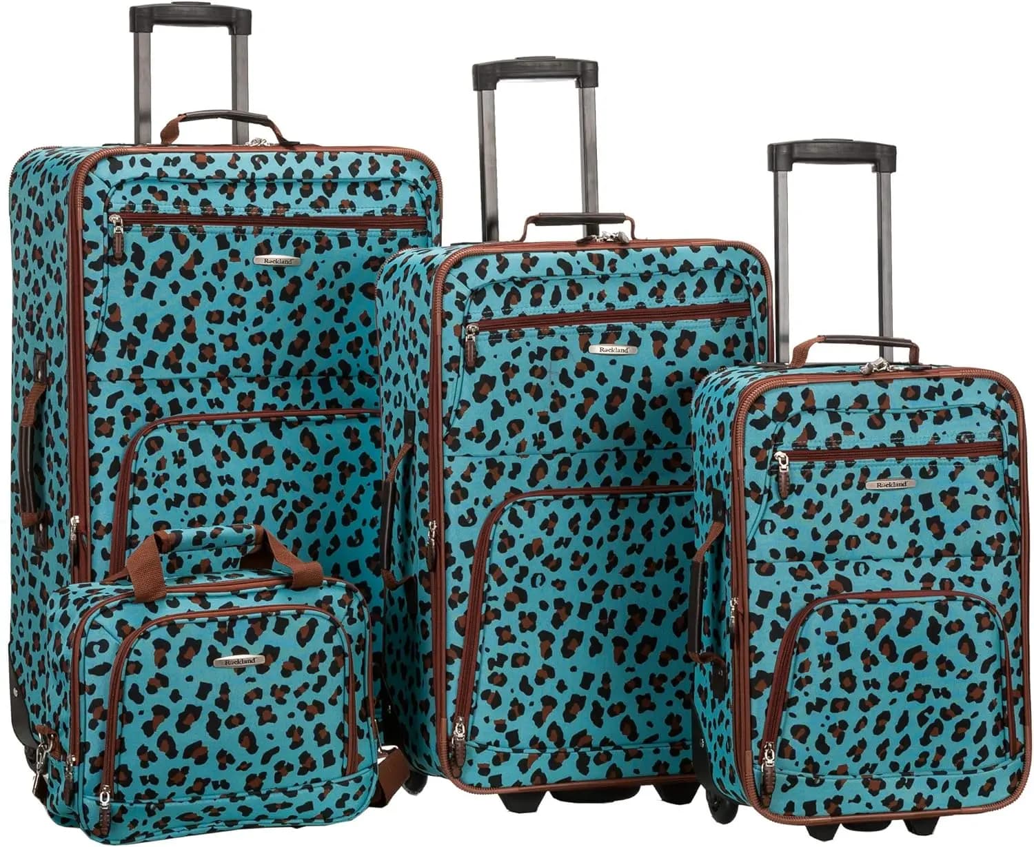 Set di Valigie Verticali 4 Pezzi con Stampa Leopardata Blu (14/29/24/28) - Valigie Morbide Resistenti per Viaggi
