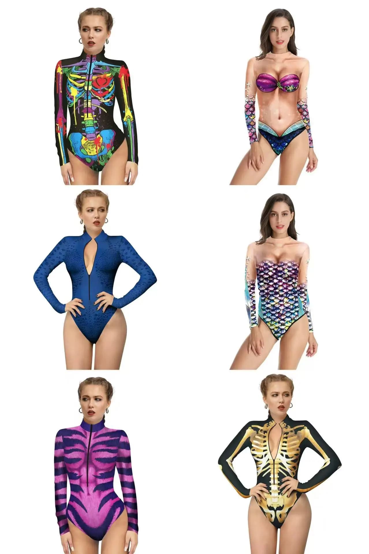 Women's Cosplay Mermaid Costume Digital Print 3d Women's Long Sleeved Fish Shark Swimwear Clown Skull Holiday Dress Zentai
