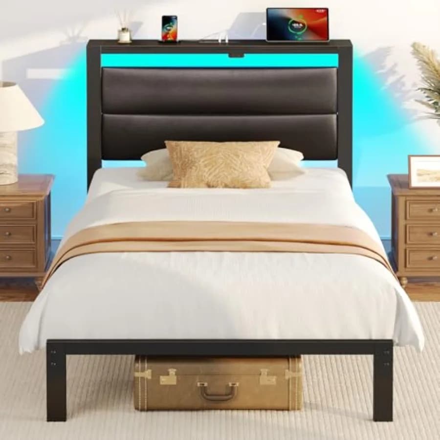 Bed Frame Size with Charging Station, LED Bed Frame with Storage, Platform Bed with Metal Slats and Under Bed Storage, No Box S