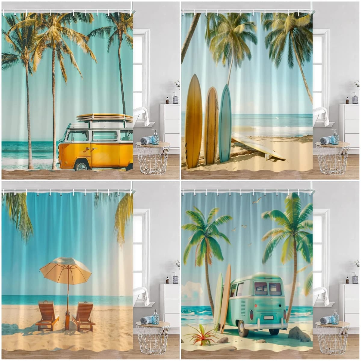 Camping Surf Shower Curtains Summer Vacation Traveler RV Beach Coconut Trees Seaside Bathroom Decorations Retro Bath Curtrains