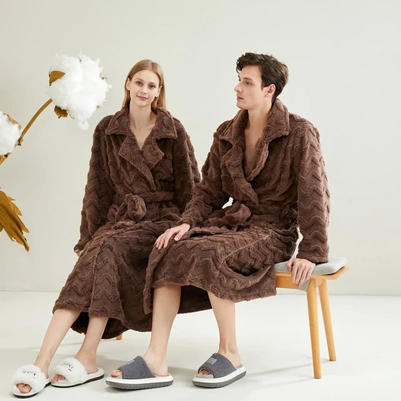Newest Men Women Homewear Long Robe Flannel Thicken Warm Kimono Gown Bathrobe Sleepwear Solid Color Belt Loungewear Nightwear