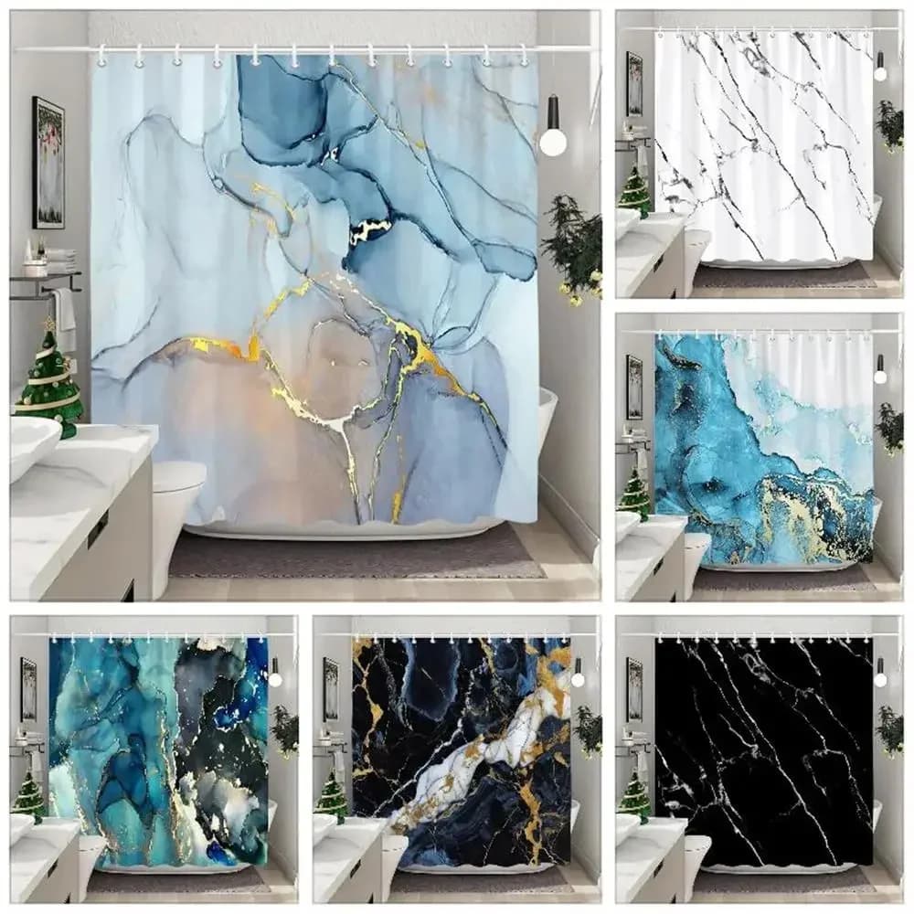 Tenda da doccia in marmo testurizzato blu oro, motivo artistico naturale bianco e nero, tessuto in poliestere, lavabile, decorazione per il bagno