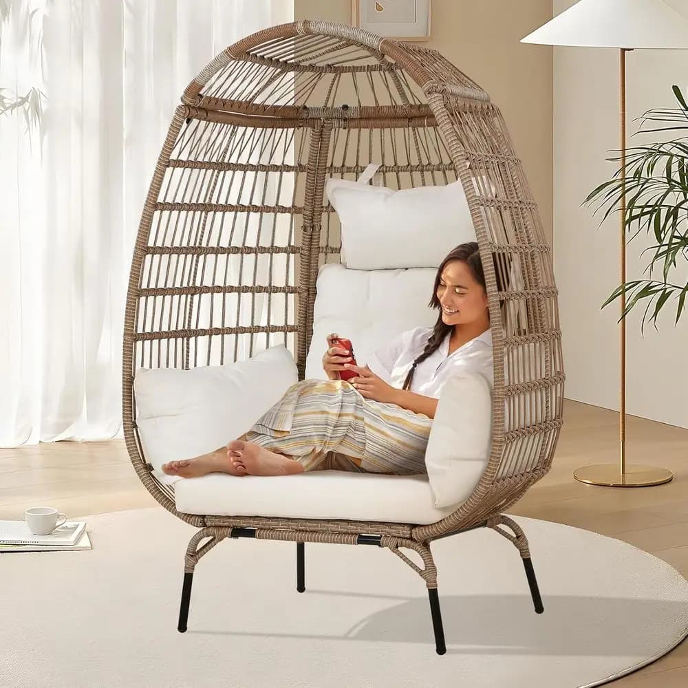Oversized Indoor Outdoor Wicker Egg Chair with 4 Cushions for Patio, Garden, Living Room (White)