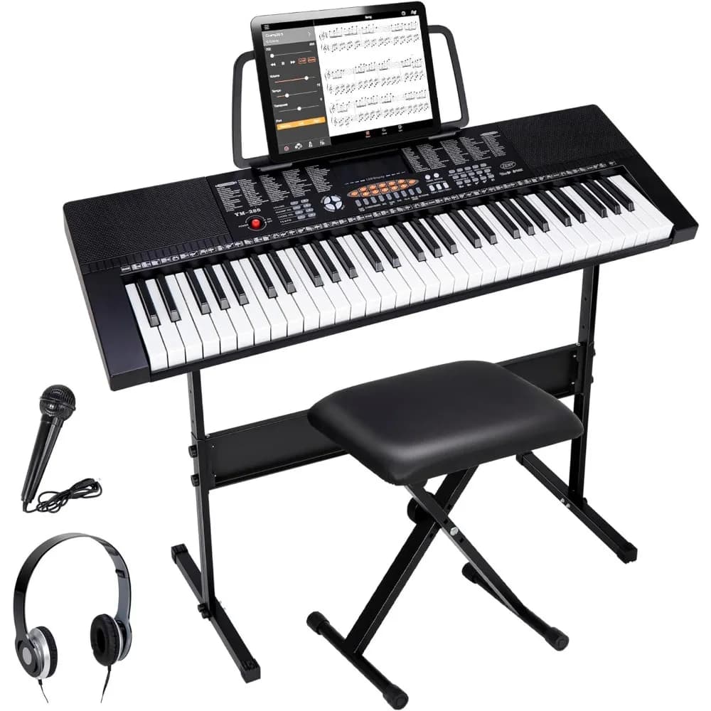 Tastiera Elettronica a 61 Tasti con Sgabello, Cuffie, Microfono e Supporto Portatile