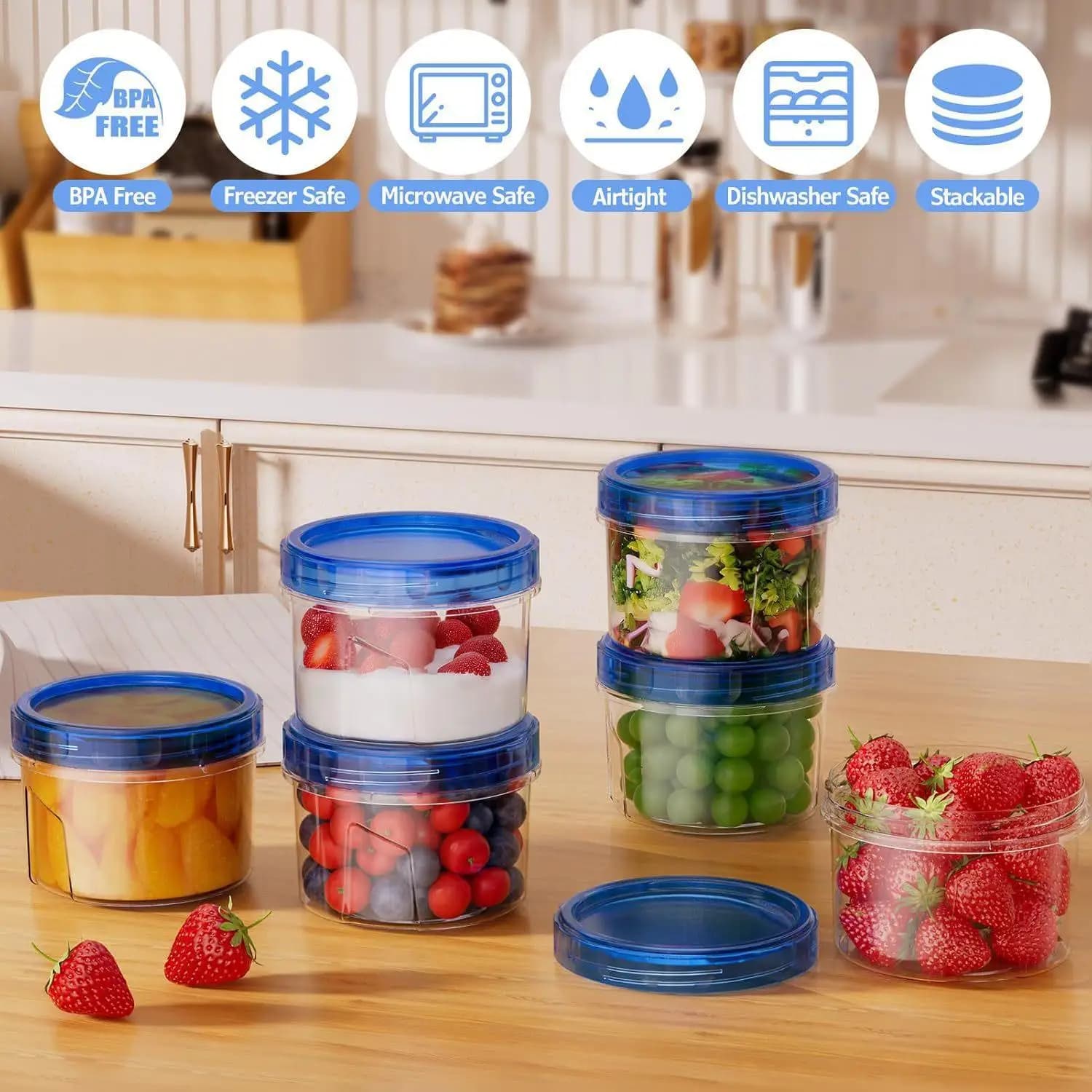Contenitori per alimenti, 6 pezzi, 16 once, contenitori impilabili per la preparazione dei pasti, contenitori per alimenti da congelatore, per frigorifero, cucina, frutta