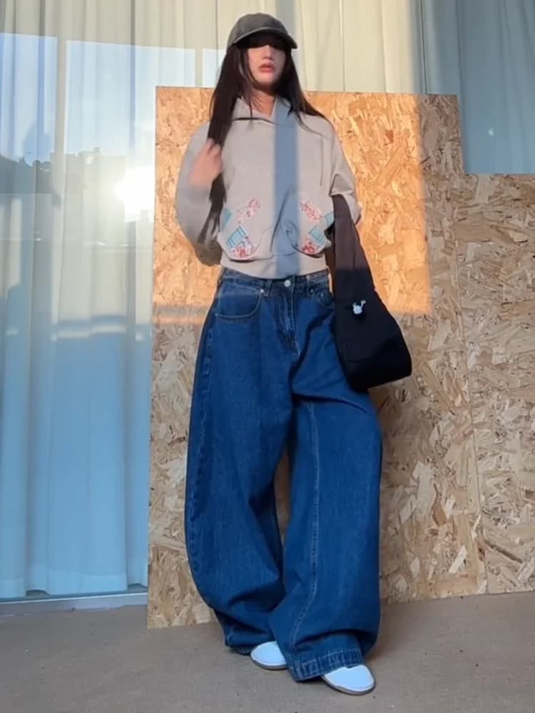 Women's high waist denim jeans, wide fit, strong sizes, which hide the holes, wide leg, casual style, vintage washed denim