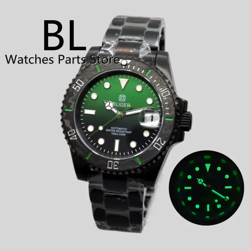 BLIGER 40mm orologio da uomo NH35 orologio da polso meccanico automatico vetro zaffiro cassa nera completa lunetta in fibra di carbonio Reloj Hombre
