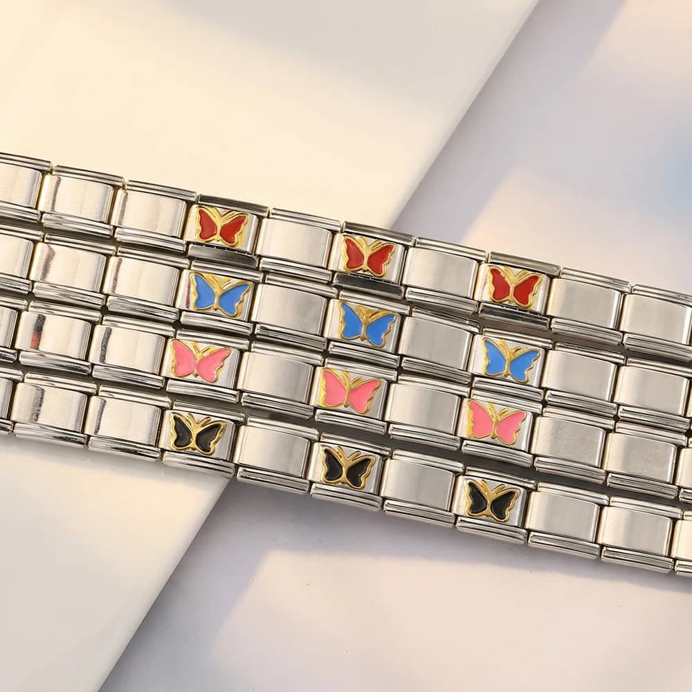 Fashion Red Blue Pink Butterfly Charms Italian Stainless Steel Bracelet for Woman Men DIY Making Jewelry Set Watch Strap Chain