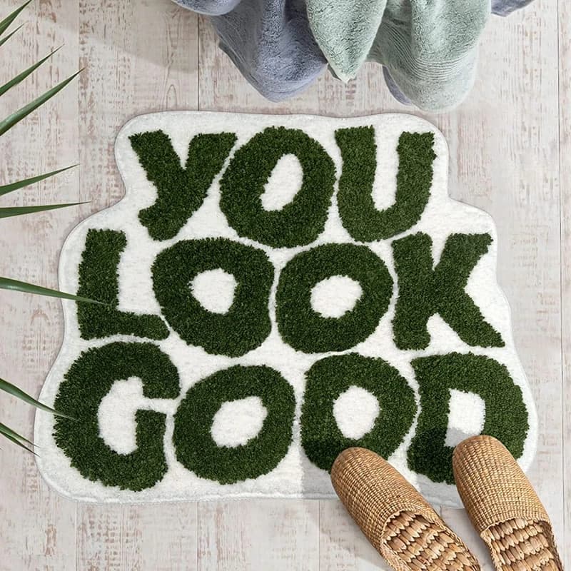 Tappeto INS Verde con Scritta 'You Look Good', Morbido e Peloso, Antiscivolo, Assorbente, per Bagno, Camera da Letto, Decorazione Estetica per la Casa