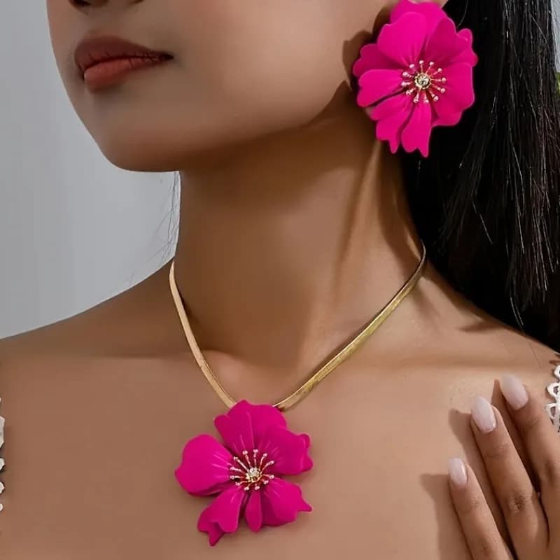 Set di collana con ciondolo a fiore e orecchini a perno, con finitura verniciata a spruzzo, stile elegante, fiore grande, per donna dallo stile raffinato.