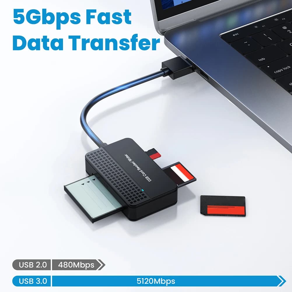 Lettore di schede USB 3.0 da 5 Gbps, adattatore per schede di memoria flash con cavo da 20 cm per SD, TF, CF, MS