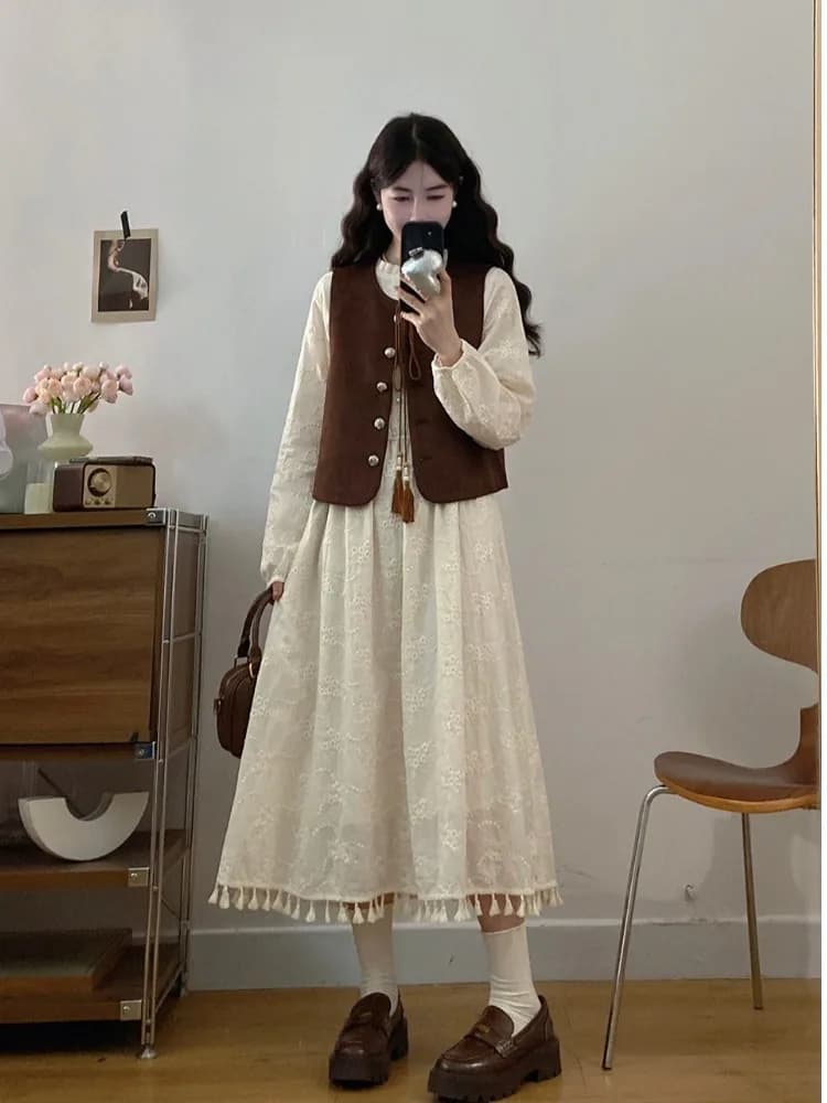 plus Size Women's Sweet Tassel Long Sleeve Dress round Neck Layering Top Korean Style Commute Wind Slim Fit Button Detail