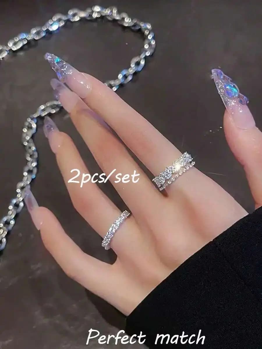 2pcs Luxury Y2K Style Copper Zirconia Double Layer Ring, Dainty Adjustable Rings For Women, Ins Minimalist Daily Accessories