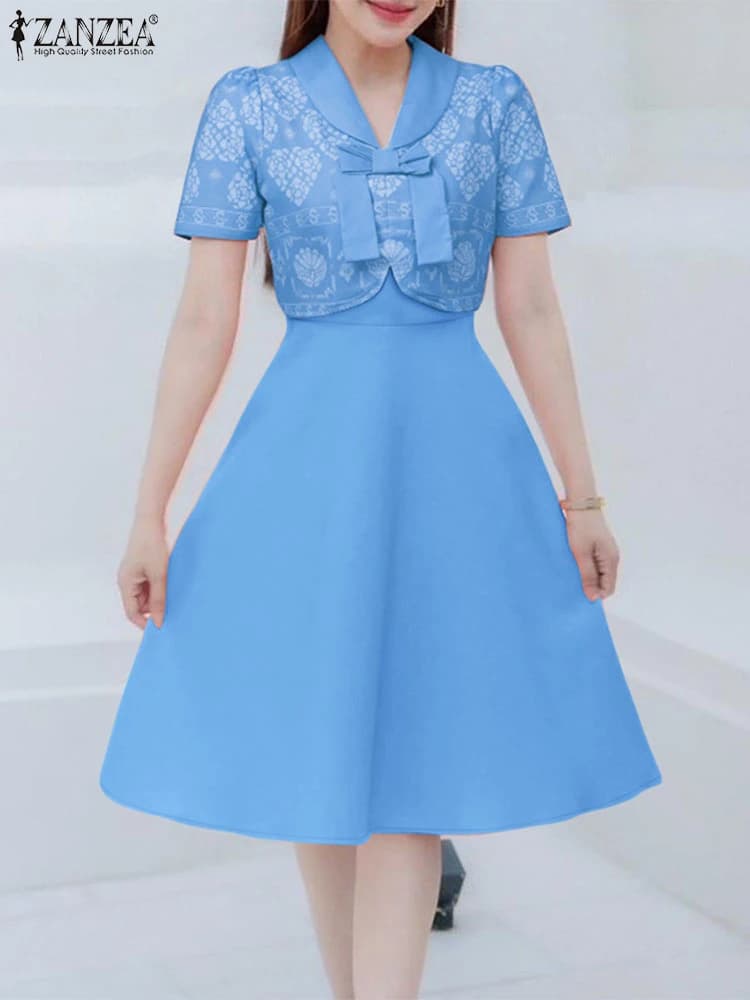 Elegante abito da festa A Line ZANZEA Abiti eleganti da donna 2025 Moda manica corta Patchwork Lavoro Vestito estivo Abiti a vita Robe