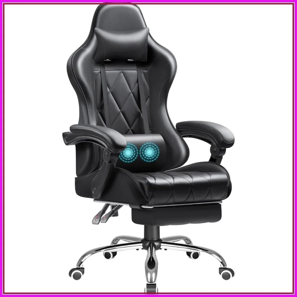 Sedia da Gaming con Poggiapiedi e Supporto Lombare Massaggiante, Seduta Ergonomica da Ufficio Regolabile in Altezza con Poggiatesta, Nera