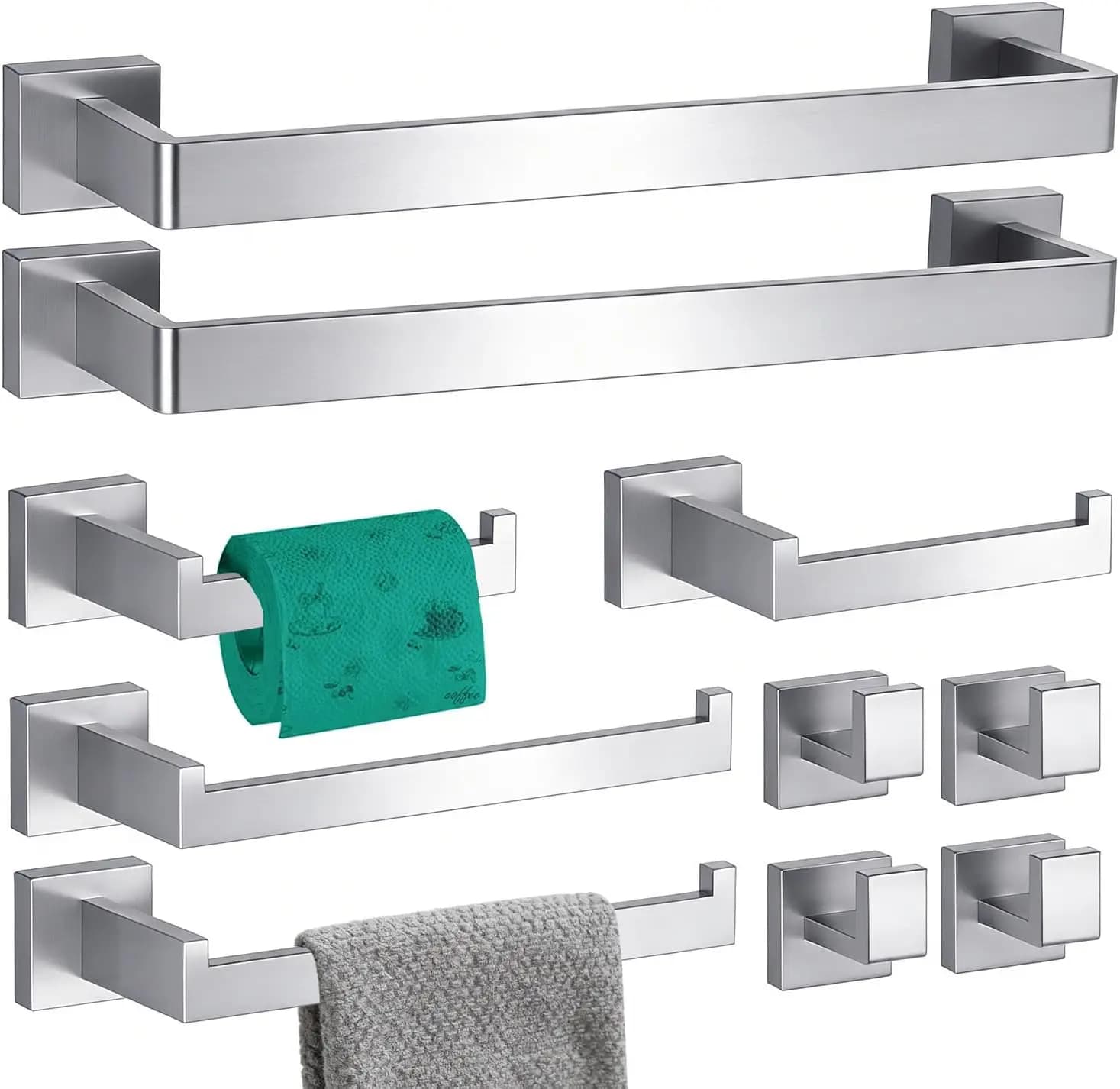 Set di accessori per il bagno da 10 pezzi in nichel spazzolato, include barre porta asciugamani, supporti e ganci