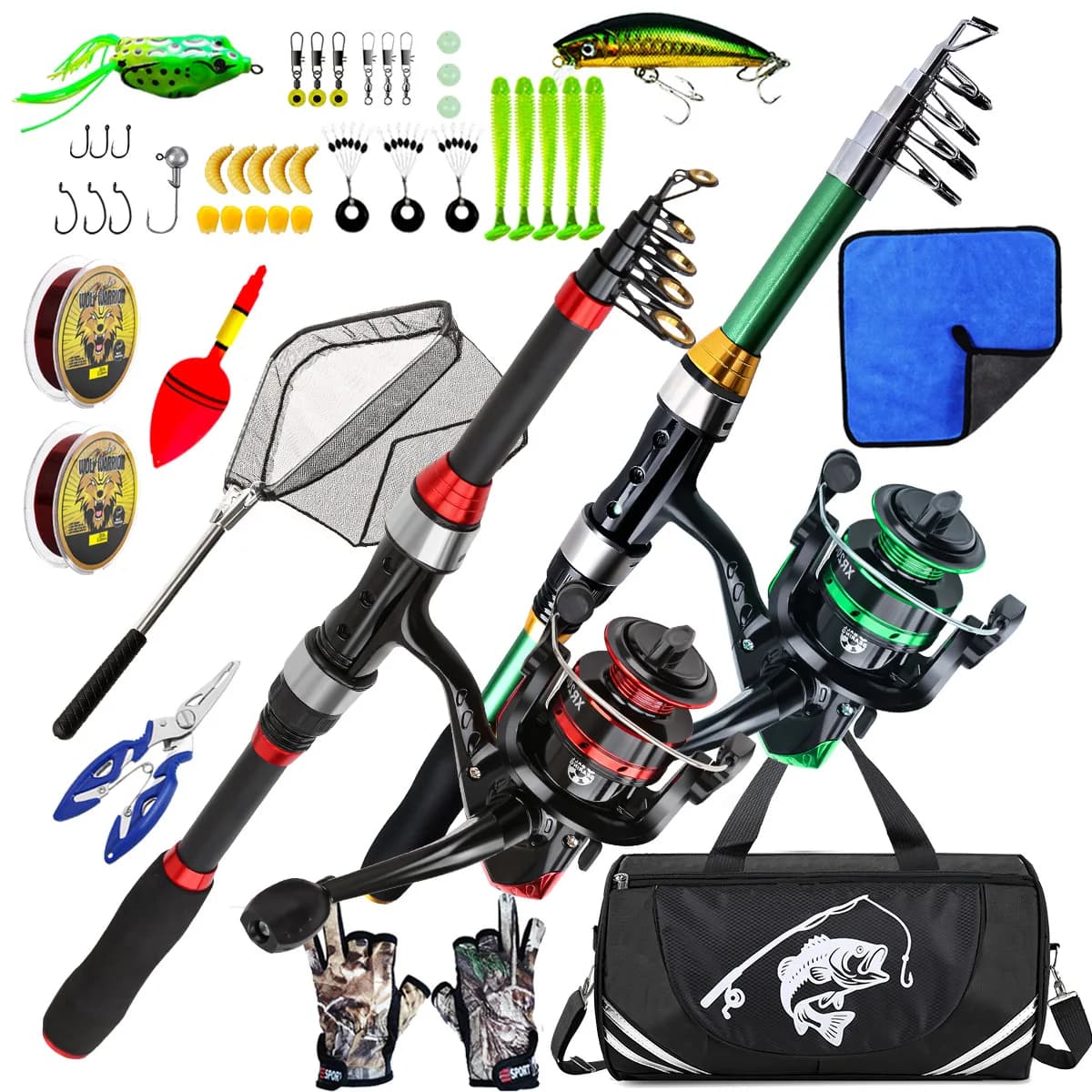 1.8m Telescopic Double Lure Rod Full Fishing Tackle Set with Spinning Reel, Belly Float,Gloves&Landing Net Complete Fishing Gear