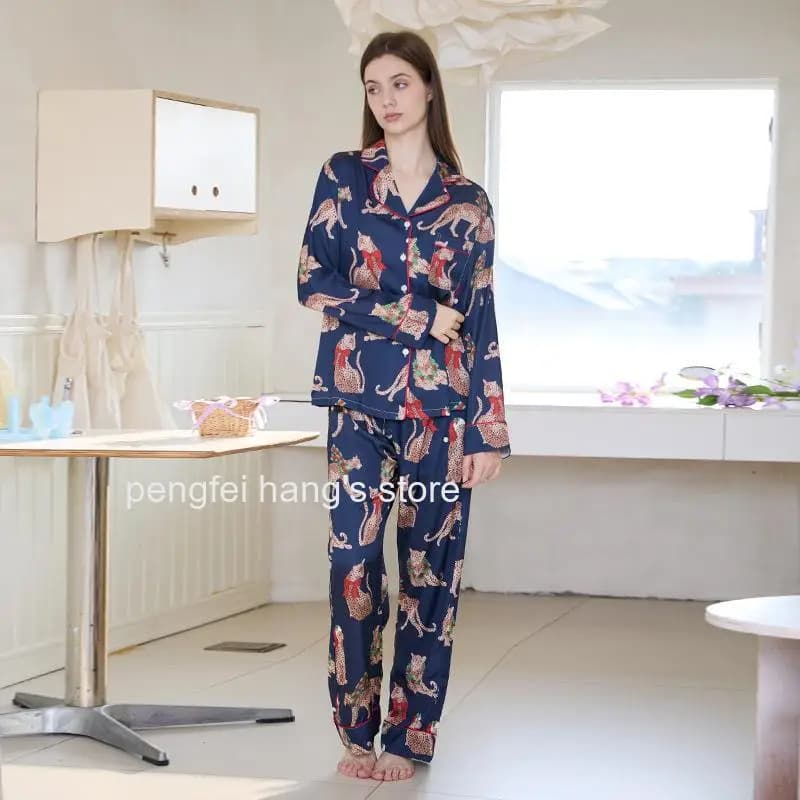 Women Spring Ice Silk Cool Touch Pajama Set Wearable Outside Long Sleeve Homewear Sleepwear Loungewear Suit