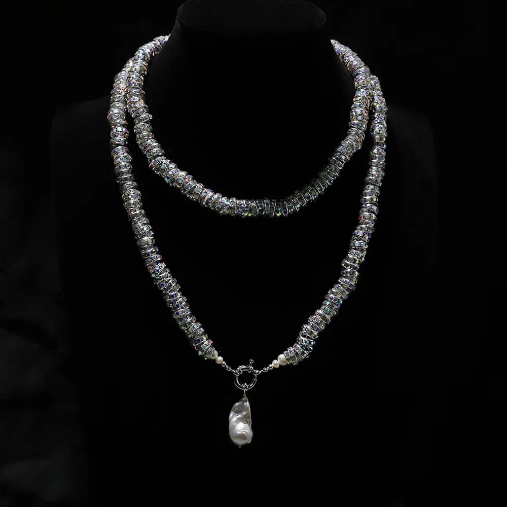 Bright diamond ring with light luxury glitter, double collar, necklace with soft baroque water pearl pendant, jewelry with temperament